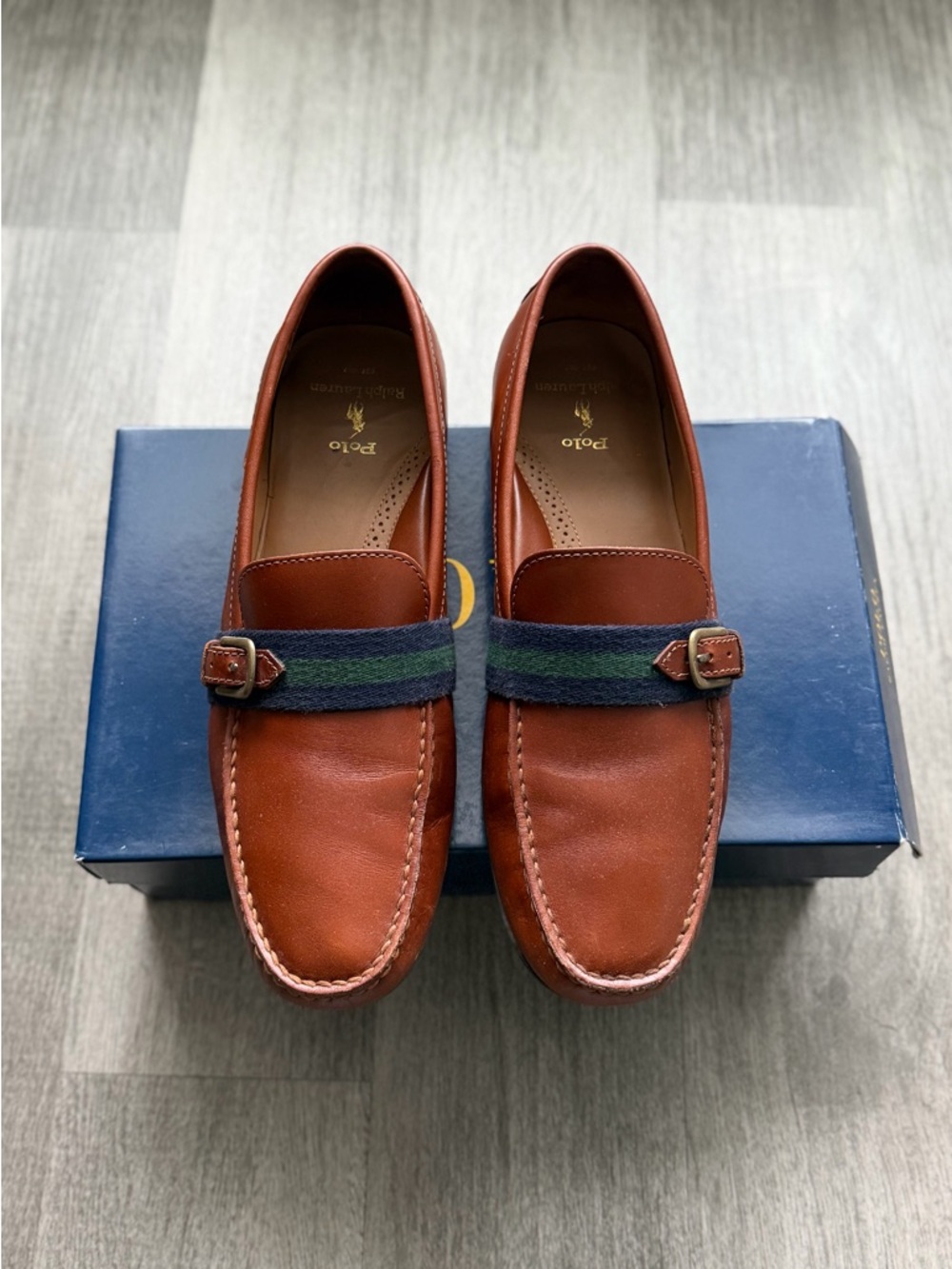 Polo by Ralph Lauren Brown Leather Loafers with Navy & Green Strap